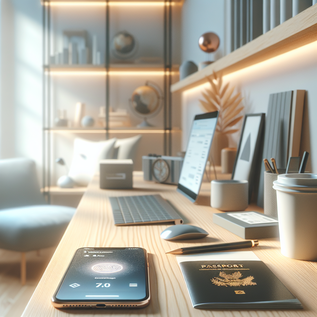A clean Scandinavian apartment desk with a smartphone showing a banking app, a passport, a coffee cup, and minimalist Nordic light—bright, modern, calm