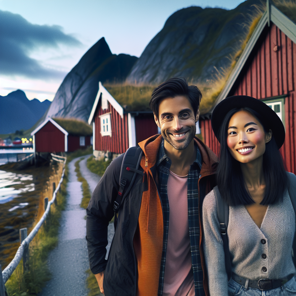 A cheerful expatriate couple walking along a Norwegian fjord at dusk, colorful wooden houses, mountains and soft northern light, practical travel guide mood