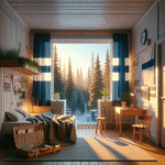 Cozy Scandinavian apartment interior in Helsinki with sauna visible, a packed suitcase, Finnish flag, soft natural morning light and evergreen pines outside the window